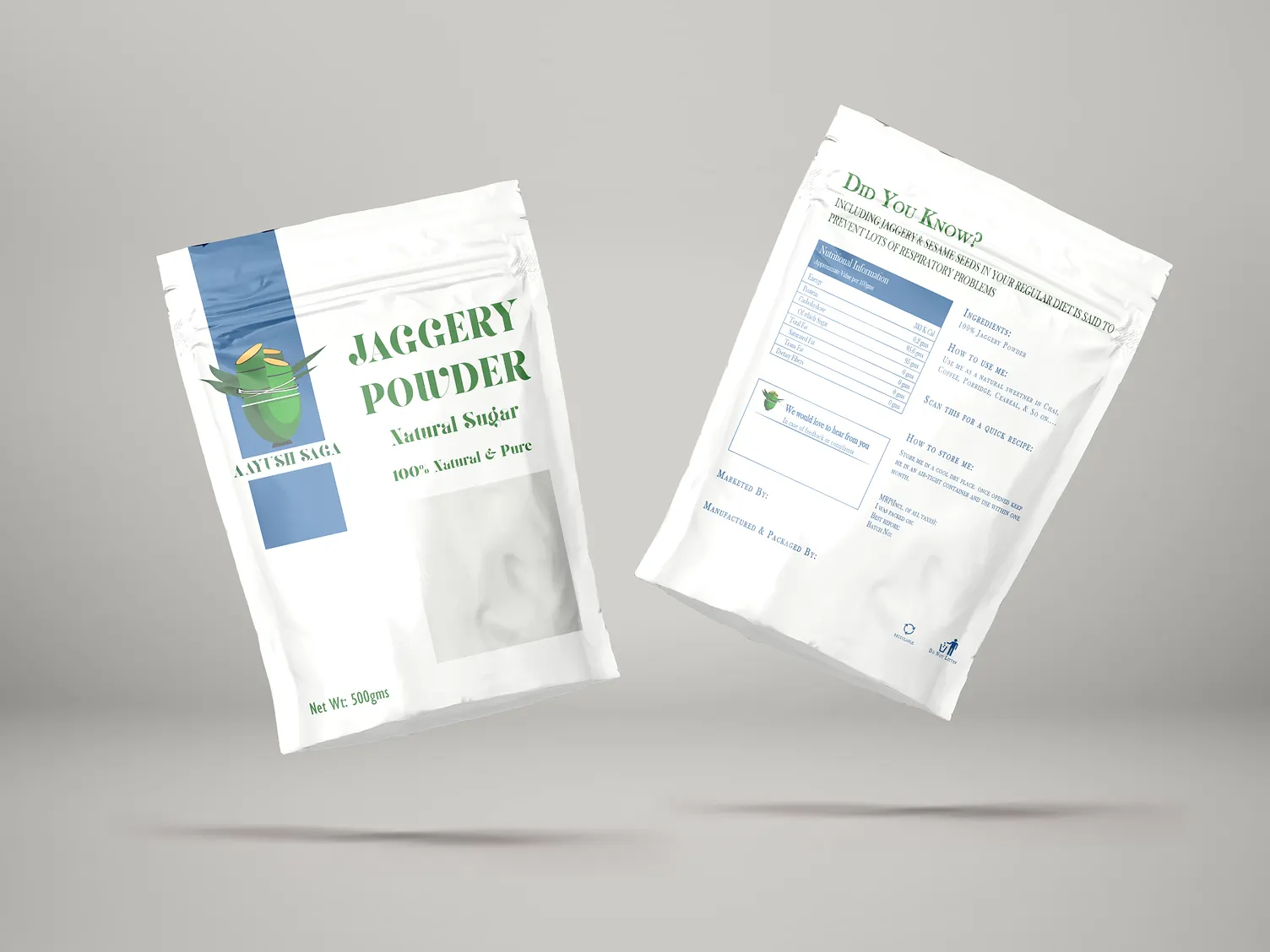 Aayush Saga jaggery powder packaging — white pouch with green branding