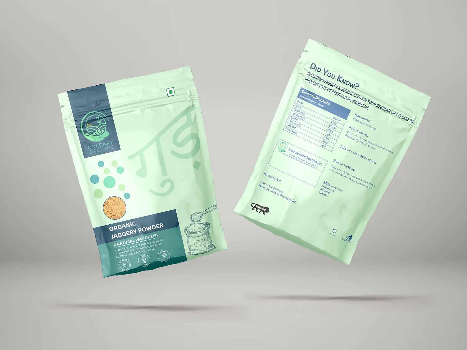 Coleafy Organic jaggery powder packaging — front and back of pouch