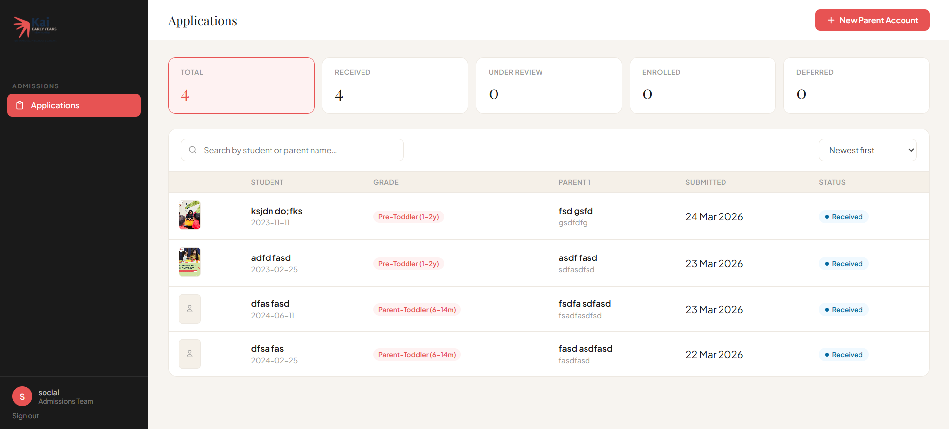 Kai Admissions admin dashboard showing applications table with status cards, search, and student records