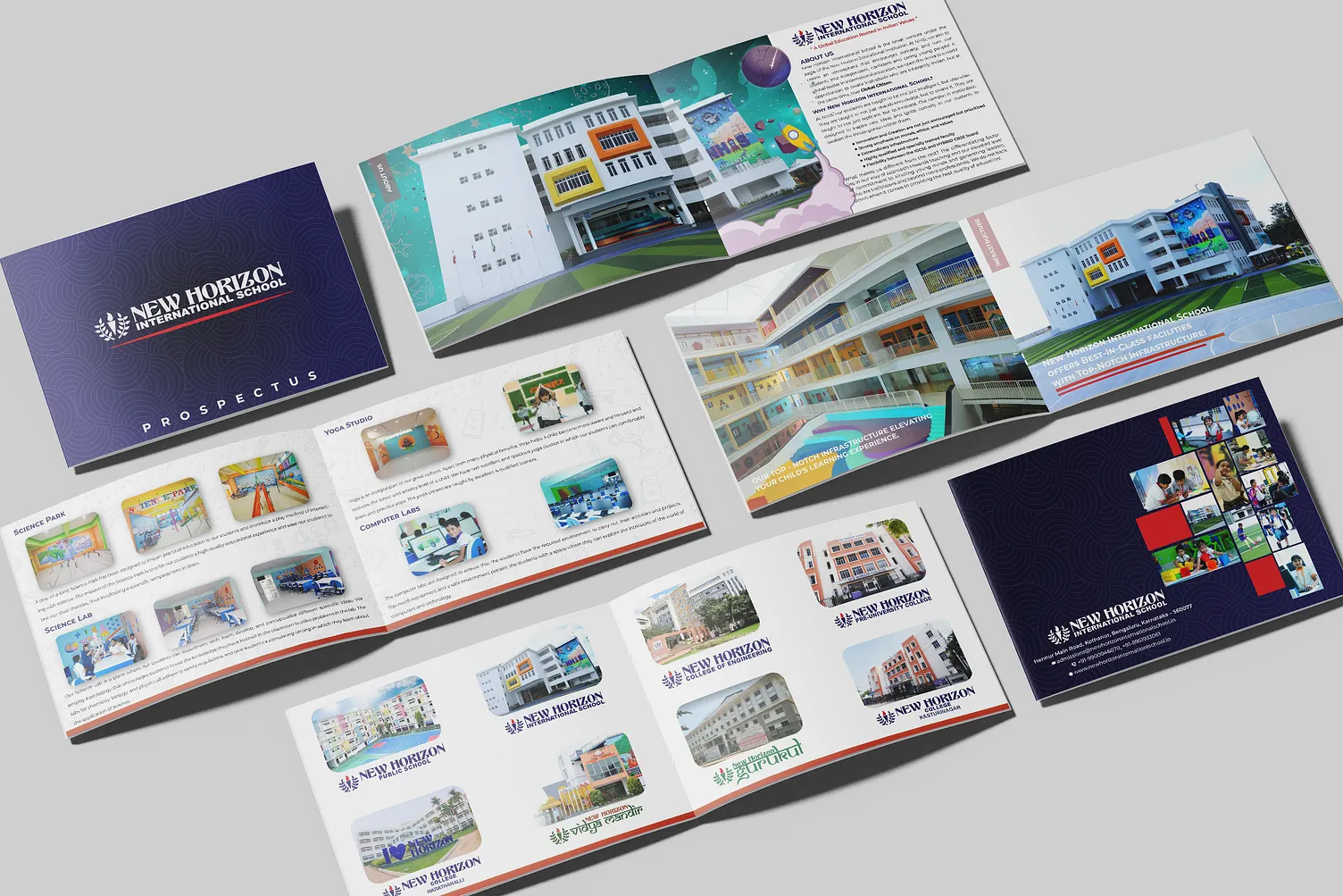 New Horizon International School prospectus — multi-page layout with facilities, campus photos, and school branding