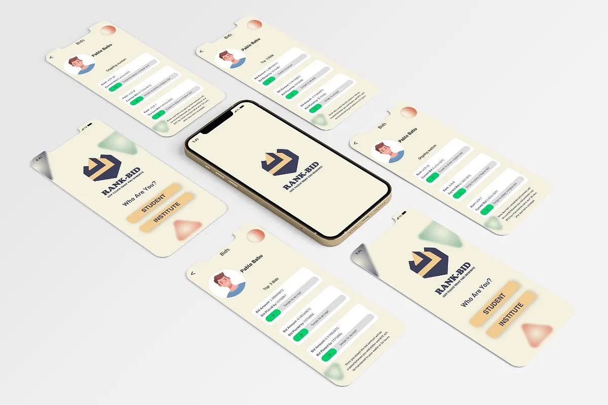 Rank:Bid app UI mockup — mobile screens showing student and institute flows, bidding interface, and profile views