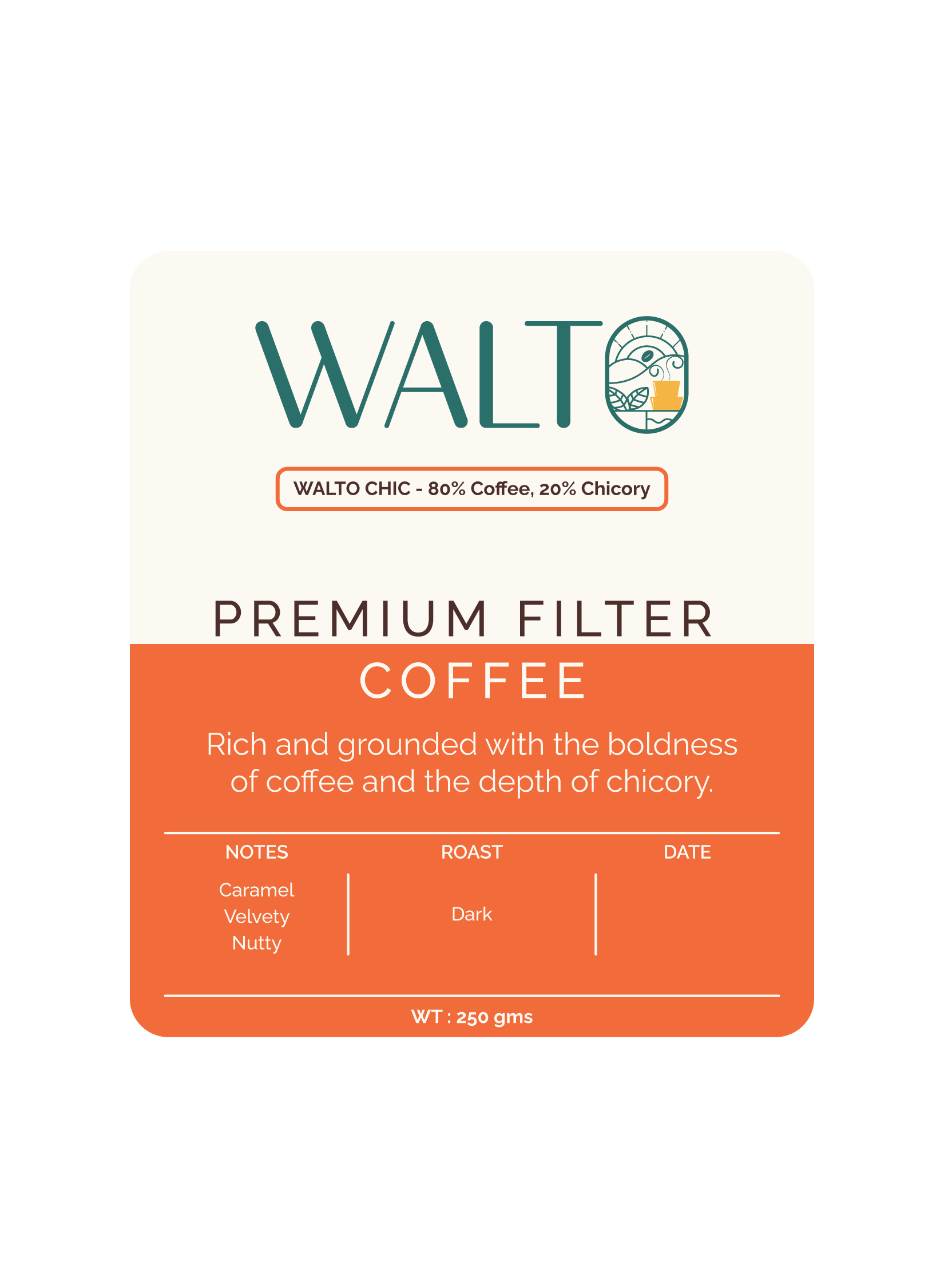 Walto Chic label — 80% coffee 20% chicory, orange accent