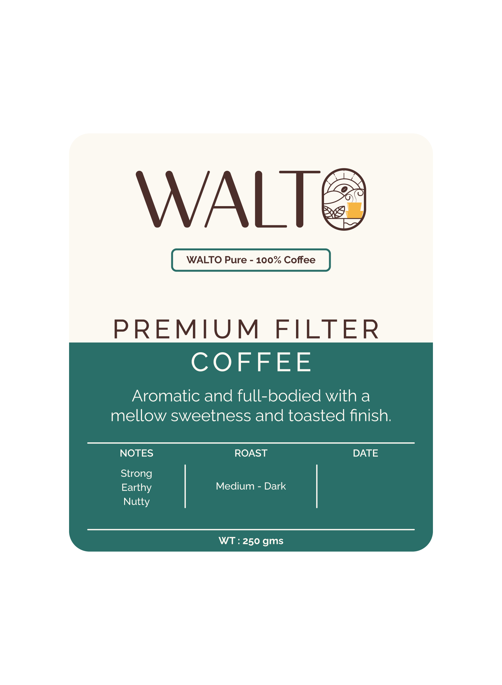 Walto Pure label — 100% coffee, teal accent