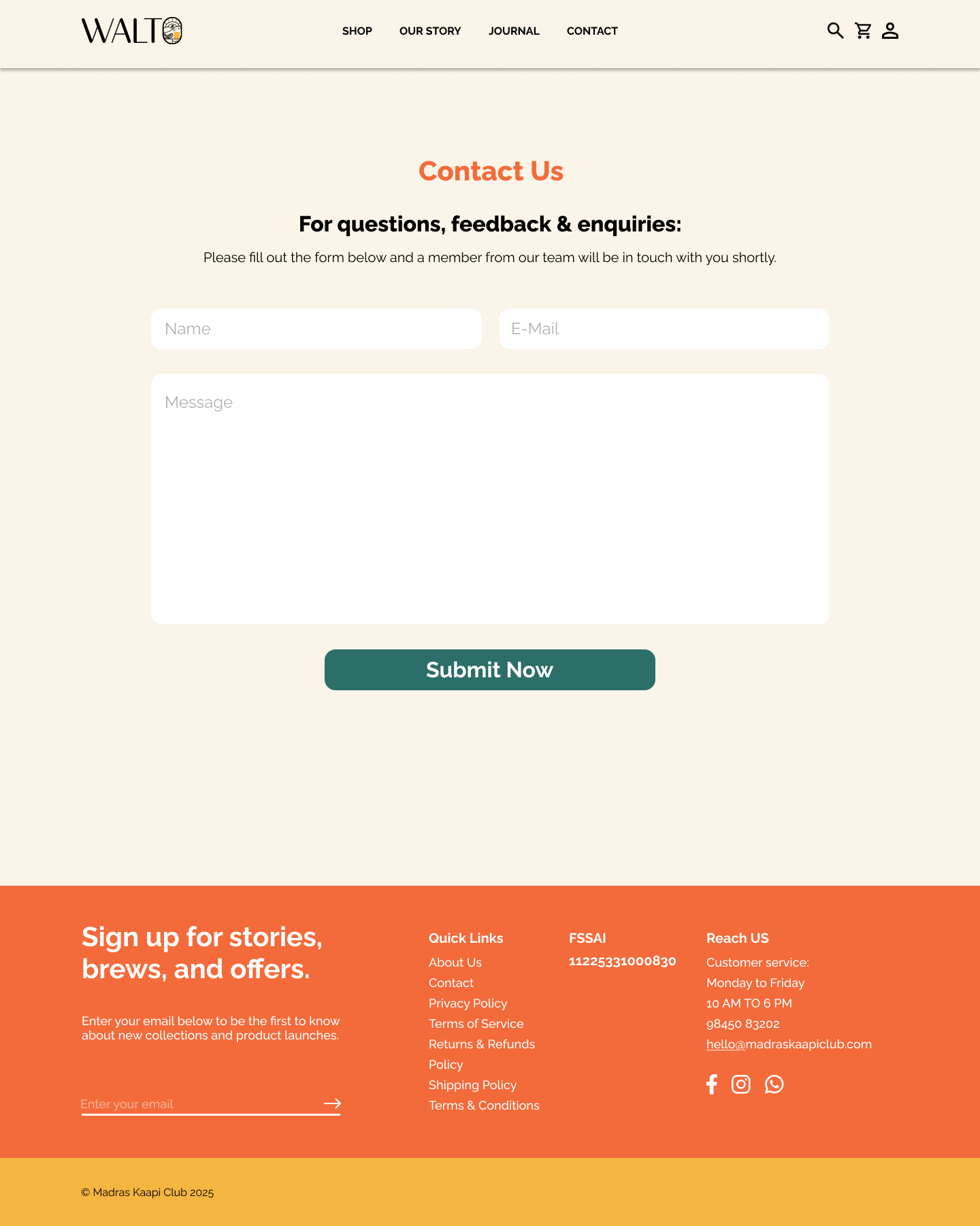 Walto website — Contact page with form