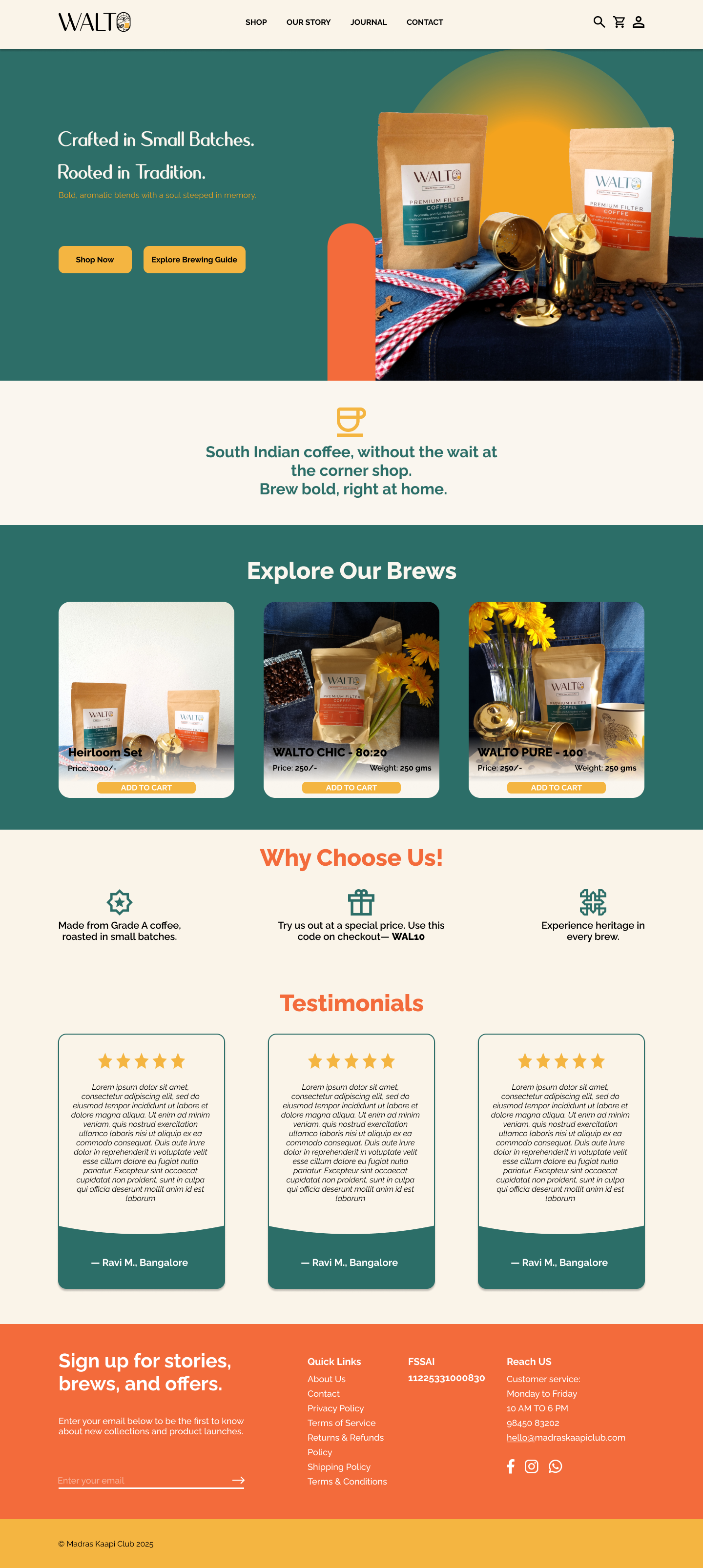 Walto Coffee — homepage design showing hero section, product cards, and warm brand palette
