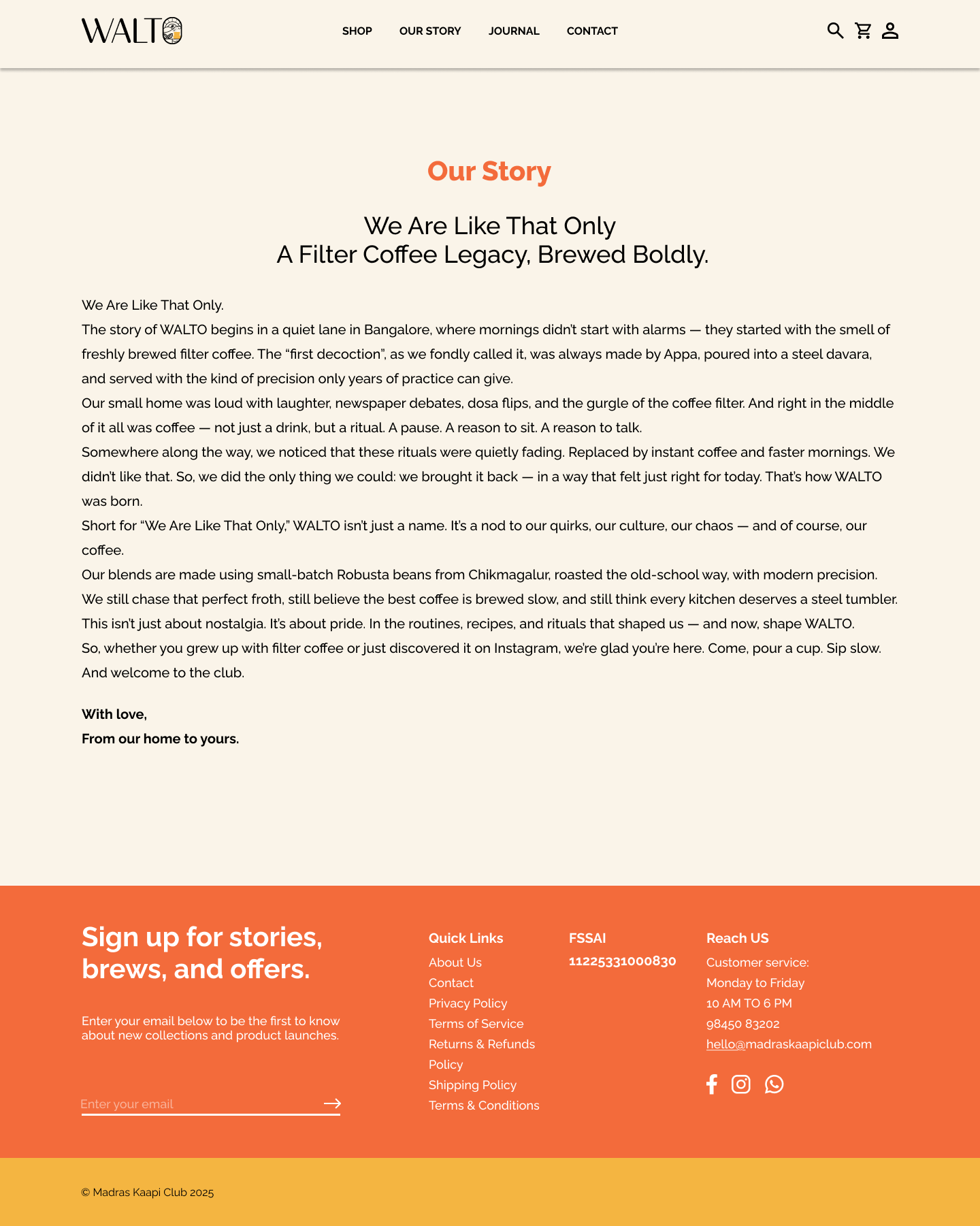 Walto website — Our Story page with brand narrative